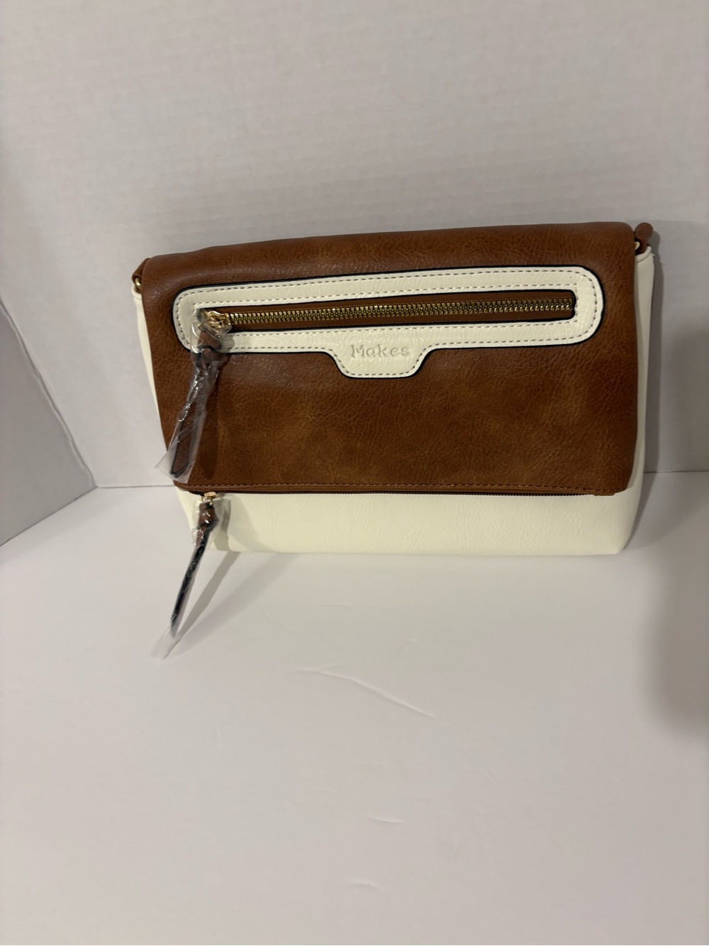 Makes Brown White Colorblock Crossbody Bag Zipper Accents Detachable Strap